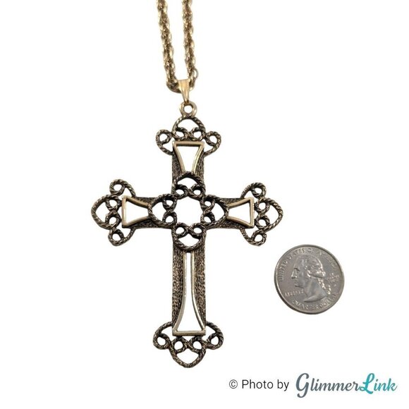 Vintage Sarah Cov Limited Edition Victorian Cross Filigree Gold Tone Necklace - Picture 6 of 11